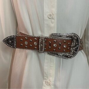 Brown studded belt with rhinestones details and silver tone buckle